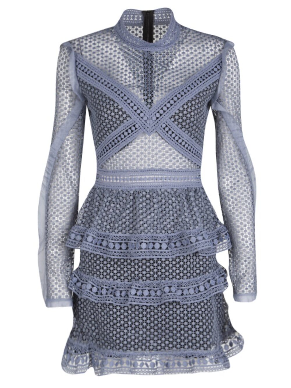 SELF-PORTRAIT Dove Grey Dotted Mesh Tiered Long Sleeve Dress